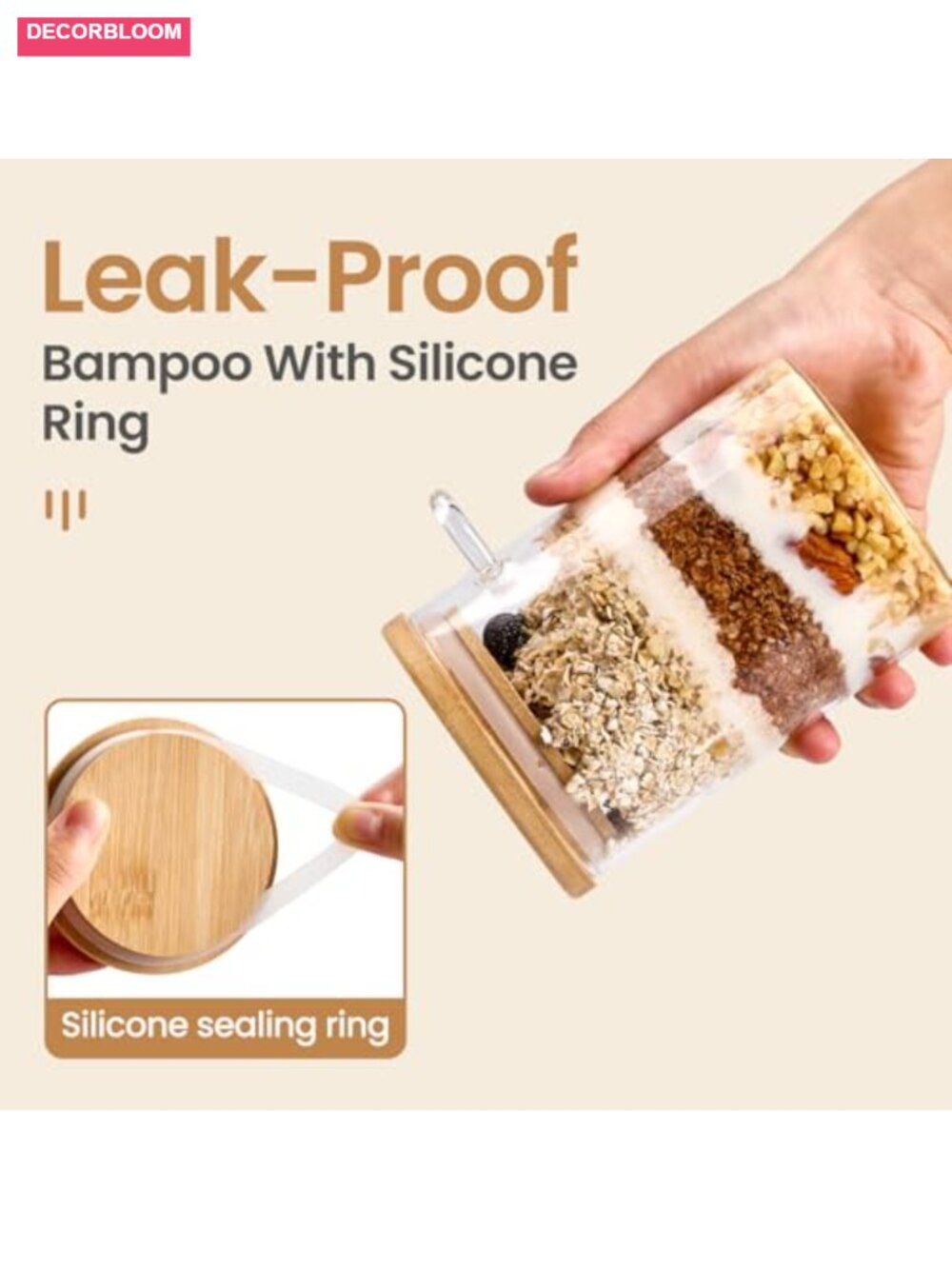 6-Pack 22oz Glass Meal Prep Jars with Bamboo Lids & Spoons - Picture 3 of 6